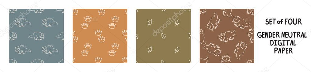 Seemless background triceratops dinosaur set of 4 patterns. Whimsical minimal earthy 2 tone color. kids nursery wallpaper or boho cartoon pet fashion all over print.
