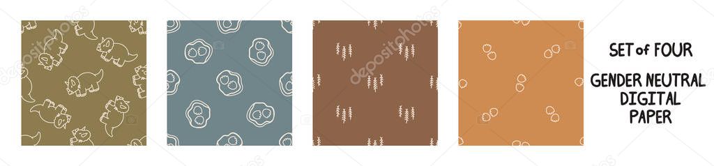 Seemless background triceratops dinosaur set of 4 patterns. Whimsical minimal earthy 2 tone color. kids nursery wallpaper or boho cartoon pet fashion all over print.