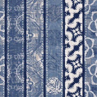 Denim mavisi yamalı örgü dokusu. Eski model baskılı pamuk tekstil efekti. Yamalı kot ev dekorasyonu yumuşak mobilya arka planı. Kumaş baskı malzemesinin her tarafına sccandi yorgan dikişi atılmış..