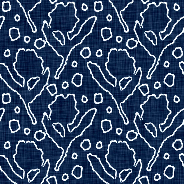 Acid wash blue jean effect texture with decorative linen floral motif background. Seamless denim textile fashion cloth fabric all over print.