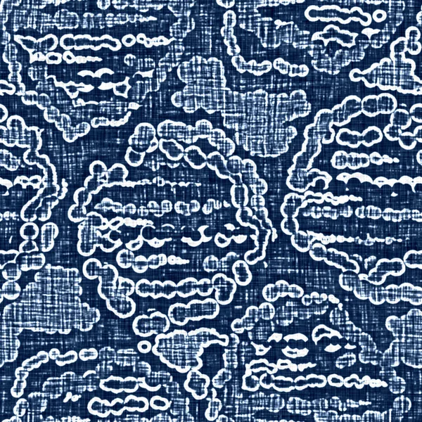 Acid wash blue jean effect texture with decorative linen geo motif background. Seamless denim textile fashion cloth fabric all over print.