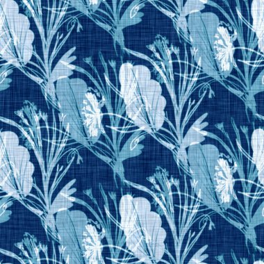 Siyanotipler mavi beyaz botanik keten dokusu. Moda modasının dışına çıkmış modaya uygun sahte fotoğraf yaprağı güneş izi efekti. Tek baskılı yeşillik, 2 tonlu. Yüksek çözünürlüklü tekrar taşı. 