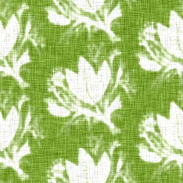 Hand drawn flower motif linen texture. Whimsical garden seamless pattern. Modern spring doodle floral nature textile for home decor. Botanical scandi style rustic green all over print. — Stock Photo, Image