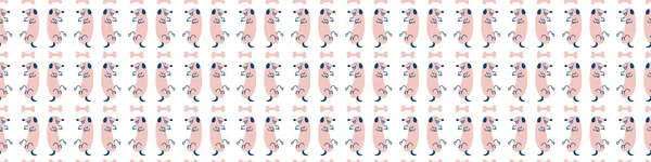 Nahtlose Cartoon-Haustier Wurst Hund Doodle Grenze. Skurrile minimale 2-Ton geschlechtsneutrale Farbe. Kinderzimmer-Banner oder skurrile Charaktermode auf der ganzen Linie. — Stockvektor