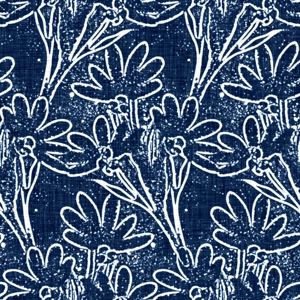 Savas mosás kék farmer hatás textúra dekoratív vászon virág motívum háttér. Varrat nélküli farmer textil divat szövet minden nyomtatott. — Stock Fotó