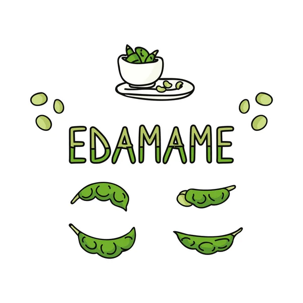 귀여운에 다마 임 (edamame) 은 고립된 부분 그림이다. 손으로 그린 일본 콩 스낵 플랫 벡터 클립 아트. — 스톡 벡터