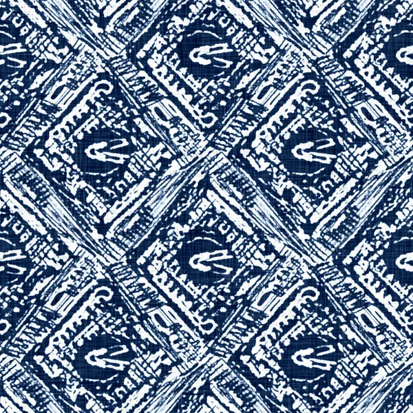 Acid wash blue jean effect texture with decorative linen geo motif background. Tecido de pano de moda têxtil jeans sem costura por toda a impressão. — Fotografia de Stock
