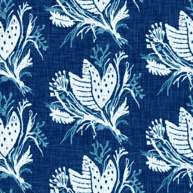 Siyanotipler mavi beyaz botanik keten dokusu. Moda modasının dışına çıkmış modaya uygun sahte fotografik çiçek desenli baskı efekti. Mono desenli çiçek, 2 tonlu. Yüksek çözünürlüklü tekrar taşı. 