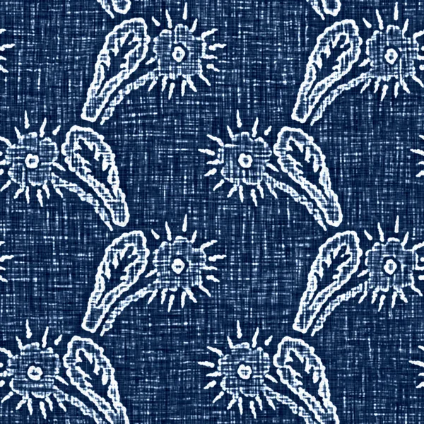 Acid wash blue jean effect texture with decorative linen floral motif background. Seamless denim textile fashion cloth fabric all over print.