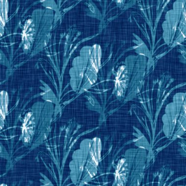 Cyanotypes blue white botanical linen texture. Faux photographic leaf sun print effect for trendy out of focus fashion swatch. Mono print foliage in 2 tone color. High resolution repeat tile.  clipart