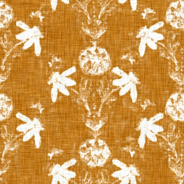 Handgezeichnete Textur aus Leinen mit Blumenmotiv. Skurrile Garten nahtlose Muster. Modernes Spring Doodle Florales Naturtextil für Wohndekoration. Rustikales Orange im Stil der botanischen Skandale. — Stockfoto