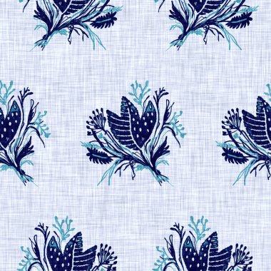 Cyanotypes blue white botanical linen texture. Faux photographic floral sun print effect for trendy out of focus fashion swatch. Mono print flower in 2 tone color. High resolution repeat tile.  clipart