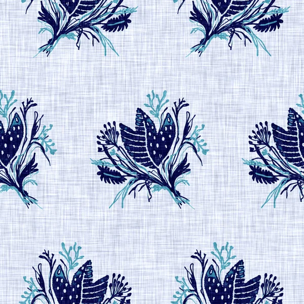 Cyanotypes bleu blanc texture lin botanique. Faux effet floral photographique imprimé soleil pour swatch mode tendance hors foyer. Mono fleur d'impression en couleur 2 tons. Tuile de répétition haute résolution. — Photo