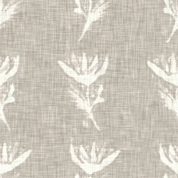 Hand drawn grey flower motif linen texture. Whimsical garden seamless pattern. Modern spring doodle floral nature textile for home decor. Botanical scandi style rustic eco ecru all over print — Stock Photo, Image