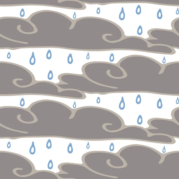 Nahtlose Zeichentrick-Regenwolken-Doodle-Muster. Skurrile minimale geschlechtsneutrale Farbe. Kinderkrippe oder Wettermode auf der ganzen Welt. — Stockvektor