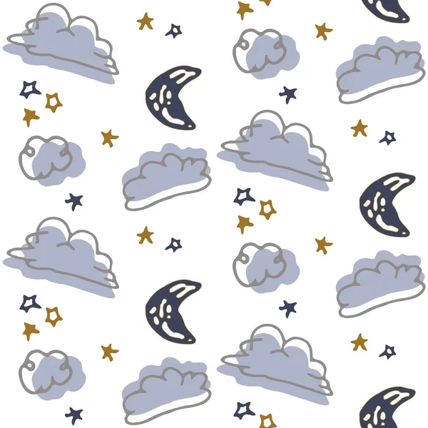 Nahtlose Cartoon-Wolke mit Mond-Doodle-Muster. Skurrile minimale geschlechtsneutrale Farbe. Kinderkrippe oder Wettermode auf der ganzen Welt. — Stockvektor