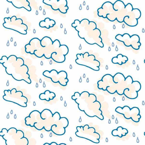 Nahtlose Zeichentrick-Regenwolken-Doodle-Muster. Skurrile minimale geschlechtsneutrale Farbe. Kinderkrippe oder Wettermode auf der ganzen Welt. — Stockvektor