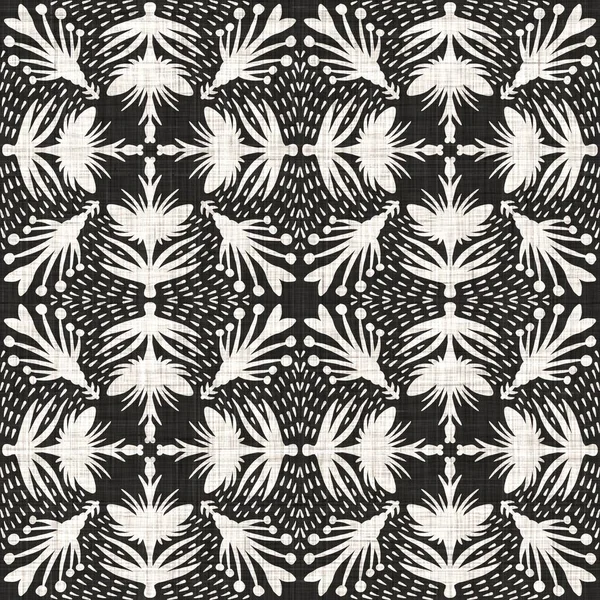 Seamless black white woven cloth floral linen texture. Two tone monochrome pattern background. Modern textile weave effect. Masculine flower motif repeat jpg print. — Stock Photo, Image