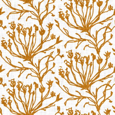 El yapımı çiçek motifli keten dokusu. Kaprisli bahçe pürüzsüz desen. Ev dekorasyonu için modern bahar karalama ürünleri. Her yerde botanik tarama tarzı rustik turuncu var..