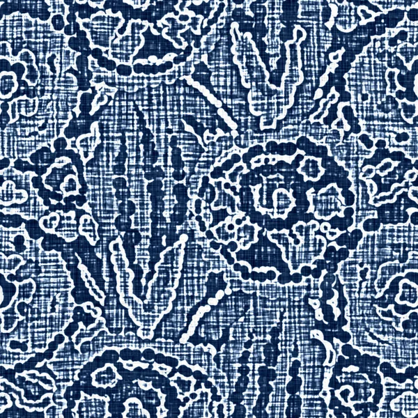 Acid wash blue jean effect texture with decorative linen floral motif background. Seamless denim textile fashion cloth fabric all over print.