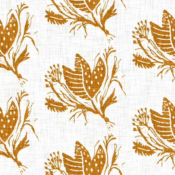 Motif gambar tangan tekstur linen bunga. Kebun Whimsical pola mulus. Tekstil flora corat-coret musim semi modern untuk dekorasi rumah. Botani scandi gaya oranye pedesaan seluruh cetak. — Stok Foto