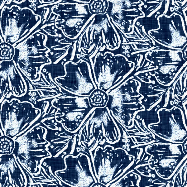 Acid Wash Blue Jean Effekt Textur mit dekorativen Leinen floralen Motiv Hintergrund. Nahtloser Denim-Textil-Modestoff über den gesamten Druck. — Stockfoto
