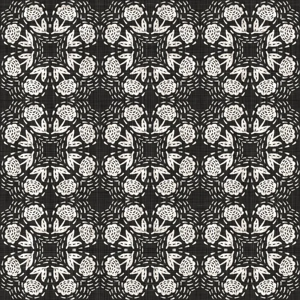 シームレスな黒の白い織り布サークルリネンテクスチャ。2トーンモノクロパターンの背景。現代の織物効果。Masculine dotted spot repeed｜print. — ストック写真