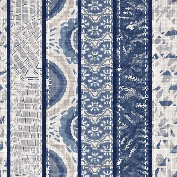 Denim blue patchwork stripe woven texture. Washed out vintage printed cotton textile effect. Patched jean home decor soft furnishing background. Scandi quilt stitch all over fabric print material. — Stock Photo, Image