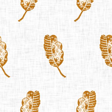 El yapımı yaprak motifli keten dokusu. Kaprisli bahçe pürüzsüz desen. Ev dekorasyonu için modern bahar yeşillik tekstili. Her yerde botanik tarama tarzı rustik turuncu var..