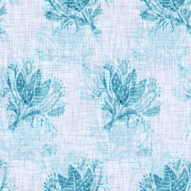 Cyanotypes blue white botanical linen texture. Faux photographic floral sun print effect for trendy out of focus fashion swatch. Mono print flower in 2 tone color. High resolution repeat tile.  clipart