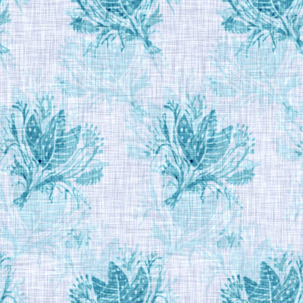 Cyanotypes blue white botanical linen texture. Faux photographic floral sun print effect for trendy out of focus fashion swatch. Mono print flower in 2 tone color. High resolution repeat tile. 