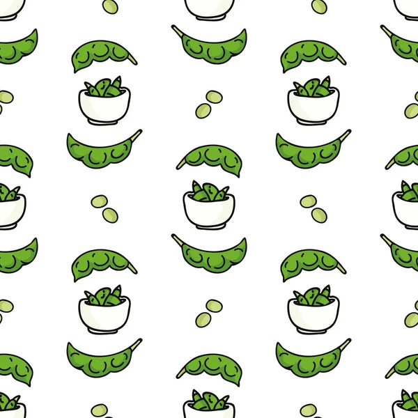 Lindo edamame por todas partes. Dibujado a mano soja japonesa snack vector plano patrón sin costuras. — Vector de stock