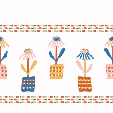 Soyut matisse stili çiçek sınırını keser. Geçmişe dönük çocuklar için kusursuz bir skandal kolaj stili. Moda çocuk çiçek kırtasiyesi başlığı. Tekrarlanabilir vektör çizgisi.