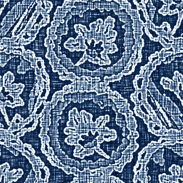 Acid wash blue jean effect texture with decorative linen floral motif background. Seamless denim textile fashion cloth fabric all over print.