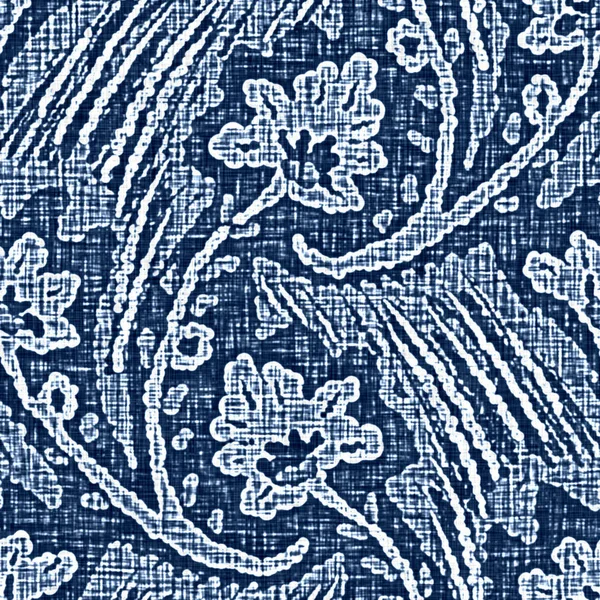 Acid wash blue jean effect texture with decorative linen floral motif background. Seamless denim textile fashion cloth fabric all over print.