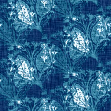 Siyanotipler mavi beyaz botanik keten dokusu. Moda modasının dışına çıkmış modaya uygun sahte fotografik çiçek desenli baskı efekti. Mono desenli çiçek, 2 tonlu. Yüksek çözünürlüklü tekrar taşı. 