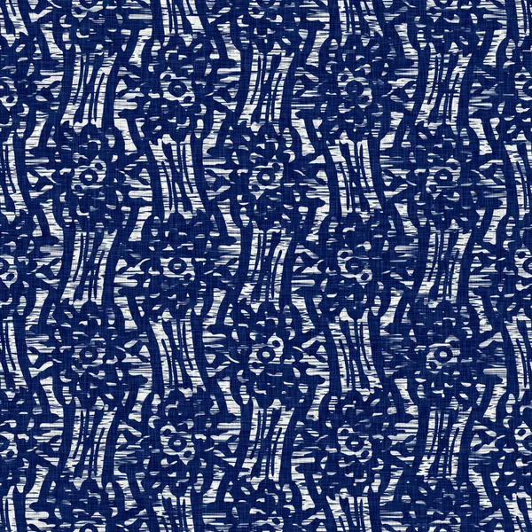 Indigo dyed fabric flower pattern texture. Seamless textile fashion cloth dye resist all over print. Japanese kimono block print. High resolution batik effect repeatable swatch. — Stock Photo, Image