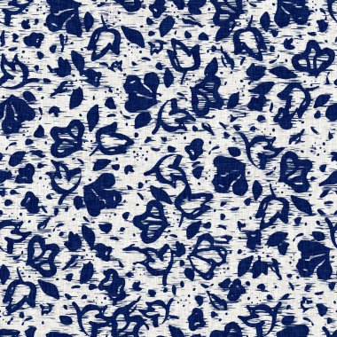 İndigo boyalı kumaş desenli çiçek deseni. Kusursuz tekstil kumaş boyası baskıya dayanıklıdır. Japon kimono bloğu baskısı. Yüksek çözünürlüklü batik etkisi tekrarlanabilir kumaş parçası. 