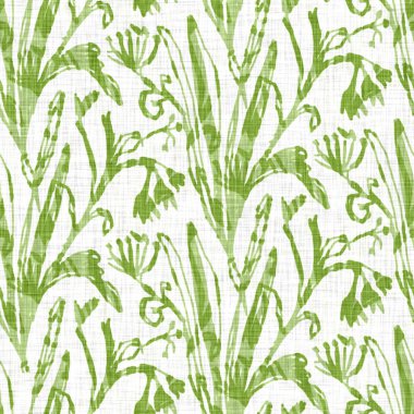 El yapımı çiçek motifli keten dokusu. Kaprisli bahçe pürüzsüz desen. Ev dekorasyonu için modern bahar karalama ürünleri. Her tarafı botanik tarama tarzı kırsal yeşil..