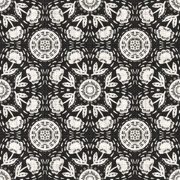 Seamless black white woven cloth floral linen texture. Two tone monochrome pattern background. Modern textile weave effect. Masculine flower motif repeat jpg print. — Stock Photo, Image