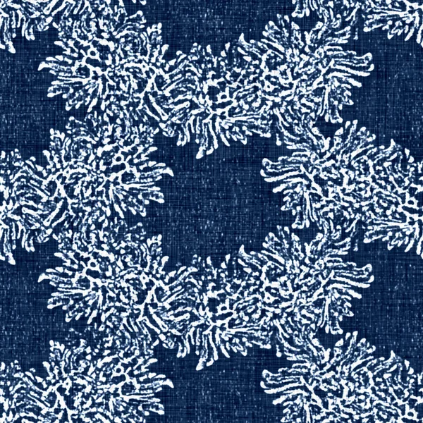 Acid wash blue jean effect texture with decorative linen floral motif background. Seamless denim textile fashion cloth fabric all over print.