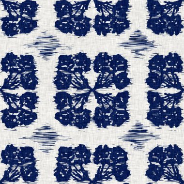 İndigo boyalı kumaş desenli çiçek deseni. Kusursuz tekstil kumaş boyası baskıya dayanıklıdır. Japon kimono bloğu baskısı. Yüksek çözünürlüklü batik etkisi tekrarlanabilir kumaş parçası. 