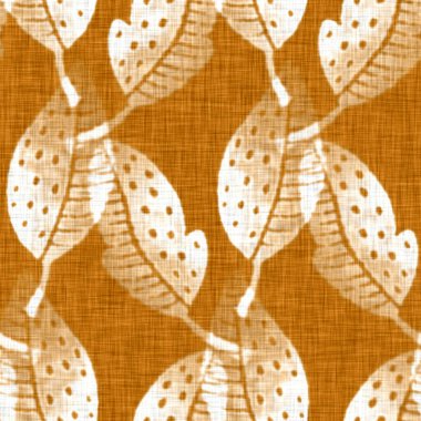 El yapımı yaprak motifli keten dokusu. Kaprisli bahçe pürüzsüz desen. Ev dekorasyonu için modern bahar yeşillik tekstili. Her yerde botanik tarama tarzı rustik turuncu var..