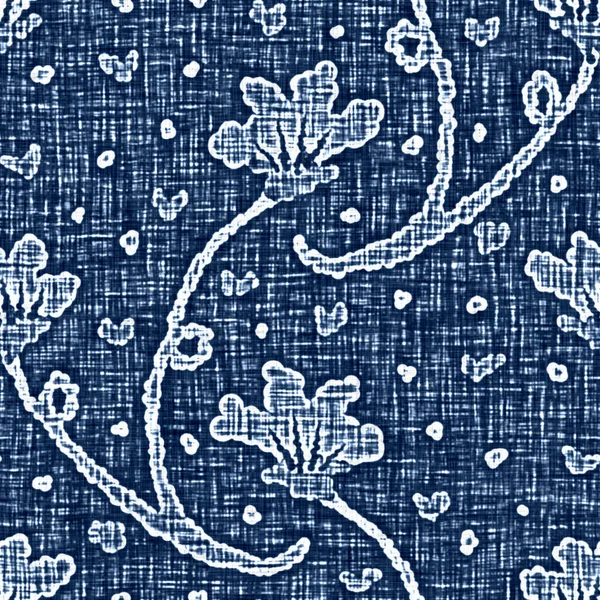 Acid wash blue jean effect texture with decorative linen floral motif background. Seamless denim textile fashion cloth fabric all over print.