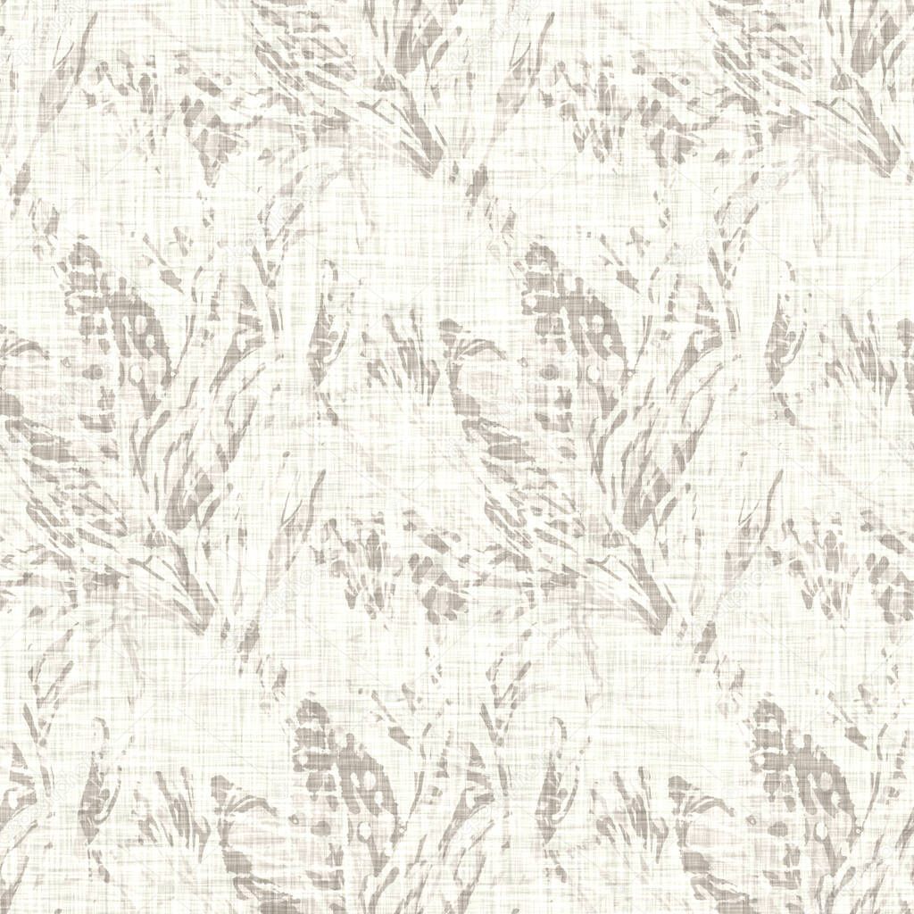 Hand drawn grey flower motif linen texture. Whimsical garden seamless pattern. Modern spring doodle floral nature textile for home decor. Botanical scandi style rustic eco ecru all over print