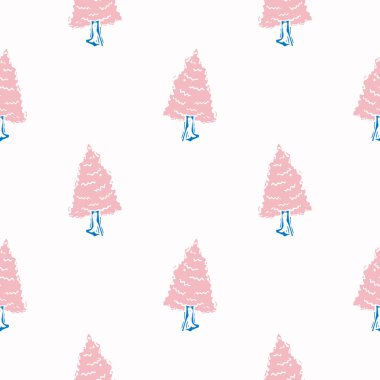 Oyuncak, taze karalama ağacı şekilli, kusursuz bir arka plan. Modern moda minimal retro stil motif modeli. Elle çizilmiş basit renkli tasarım beyaza izole edilmiş. Her yerde genç ve yaratıcı yazılar var.. 