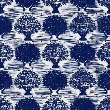 İndigo boyalı kumaş desenli doku. Kusursuz tekstil kumaş boyası baskıya dayanıklıdır. Japon kimono bloğu baskısı. Yüksek çözünürlüklü batik etkisi tekrarlanabilir kumaş parçası. 
