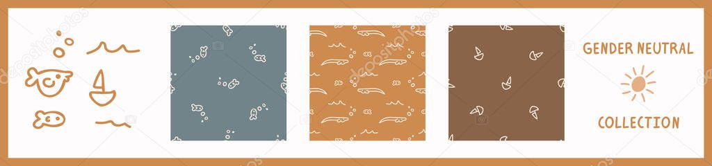 Seemless background nautical sea life set of 3 patterns with motif. Whimsical minimal earthy 2 tone color. kids nursery wallpaper or boho cartoon pet fashion all over print.
