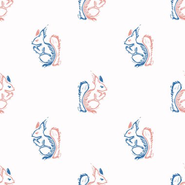 Soyut oyuncu renk biçimi sincap şeklini keser. Baskıdaki retro çocuklar için kusursuz, modern, basit lino kesim tasarımı. Moda ev dekorasyonu, çocuk modası, vektör tekrarlı duvar kağıdı.