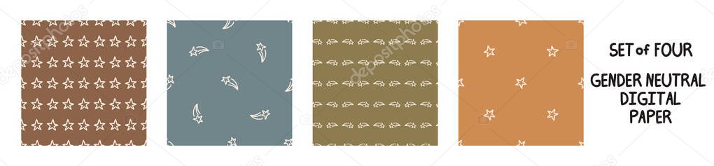 Seemless background bedtime star set of 4 patterns. Whimsical minimal earthy 2 tone color. kids nursery wallpaper or boho cartoon pet fashion all over print.